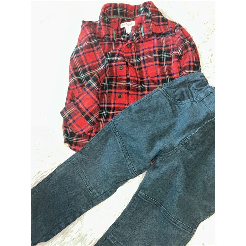 3T Boys Christmas Outfit Cat & Jack Plaid Button Up Geniune kids OshKosh Pants
